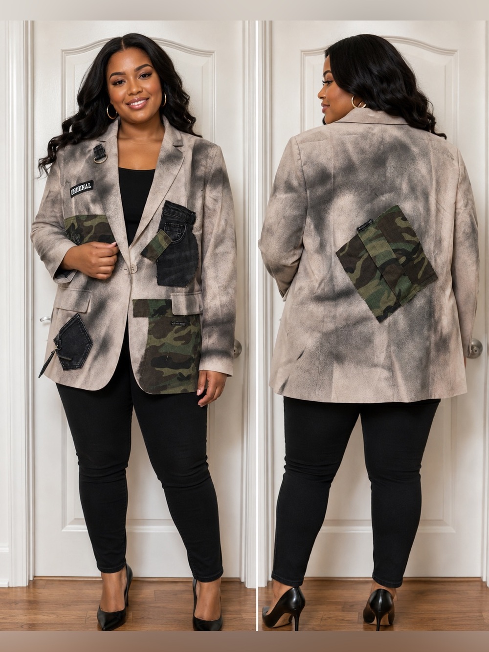Upcycled hand painted Blazer with Camouflage denim Patchwork size XL